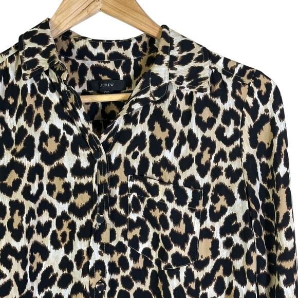 J. Crew Button Down Top Womens 00 Brown Leopard Print 100% Silk Mob Wife Core - Picture 4 of 9